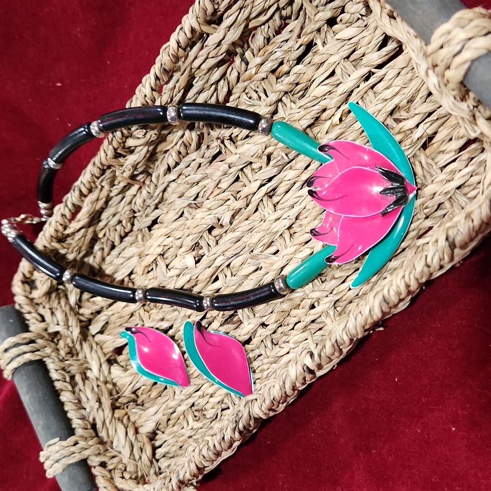 Vintage Lotus Flower Pendant Necklace and Earrings